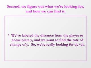 Second, we figure out what we’re looking for, and how we can find it: We’ve labeled the distance from the player to home plate y, and we want to find the rate of change of y.  So, we’re really looking for dy/dt. 