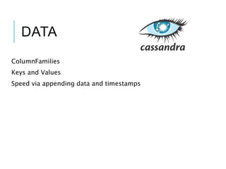 DATA
ColumnFamilies
Keys and Values
Speed via appending data and timestamps
 