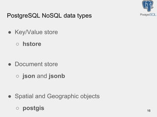 PostgreSQL NoSQL data types
● Key/Value store
○ hstore
● Document store
○ json and jsonb
● Spatial and Geographic objects
○ postgis 16
 
