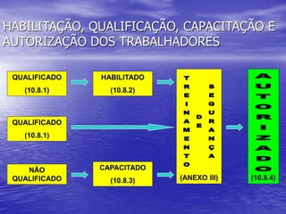 HABILITAÇÃO, QUALIFICAÇÃO, CAPACITAÇÃO E
AUTORIZAÇÃO DOS TRABALHADORES
QUALIFICADO
(10.8.1)
HABILITADO
(10.8.2)
(ANEXO III)
NÃO
QUALIFICADO
CAPACITADO
(10.8.3)
QUALIFICADO
(10.8.1)
(10.8.4)
 