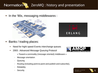 Normation – CC-BY-SA
normation.com 6
ZeroMQ : history and presentation
q In the '90s, messaging middlewares :
q Banks / trading places:
q Need for hight speed Events interchange queues
q 2003 : Advanced Message Queuing Protocol
« Toward a commodity (message oriented) middleware »
– Message orientation
– Queuing
– Routing (including point-to-point and publish-and-subscribe),
– Reliability
– Security.
 