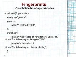 Fingerprints
.../nselib/data/http-fingerprints.lua
table.insert(fingerprints, {
category='general',
probes={
{path='/', method='GET'}
},
matches={
{match='<title>Index of .*(Apache.*) Server at',
output='Root directory w/ listing on '1''},
{match='<title>Index of',
output='Root directory w/ directory listing'}
}
})
 