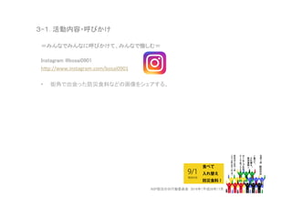 ３-１. 活動内容・呼びかけ	
＝みんなでみんなに呼びかけて、みんなで愉しむ＝
Instagram @bosai0901	
h5p://www.instagram.com/bosai0901	
  
•  街角で出会った防災食料などの画像をシェアする。	
NSP防災の日行動委員会　2016年（平成28年）7月	
 23	
  
 