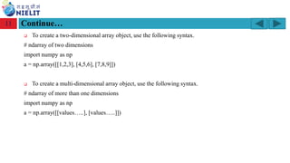 Module: M2-R5: Web Designing & Publishing
[Unit 1: Introduction to Web Design] Course: NIELIT ‘O’ Level (IT)
home-2741413_960_720.png
Continue…
11
❑ To create a two-dimensional array object, use the following syntax.
# ndarray of two dimensions
import numpy as np
a = np.array([[1,2,3], [4,5,6], [7,8,9]])
❑ To create a multi-dimensional array object, use the following syntax.
# ndarray of more than one dimensions
import numpy as np
a = np.array([[values…..], [values…..]])
 