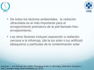  De todos los factores ambientales, la radiación
           ultravioleta es el más importante para el
           envejecimiento prematuro de la piel llamado foto-
           envejecimiento.

        Los otros factores incluyen exposición a radiación
           cercana a la infrarroja, (de la luz solar o luz artificial)
           tabaquismo y partículas de la contaminación solar




Krutmann, 1. and Gilchrest, B.A. (2006). Photoaging of skin. In: Skin Aging. Gilchrest B. Krutmann J
(eds.), Springer-Verlag, Berlin/Heidelberg, pp. 33-42
 