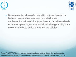  Normalmente, el uso de cosméticos (que buscan la
        belleza desde el exterior) son asociados con
        suplementos alimenticios (que buscan la belleza desde
        el interior) para lograr una actividad sinérgica dirigida a
        mejorar el efecto antioxidante en las células.




Passi S. (2003) The combined use of oral and topical lipophilic antioxidants
increases their levels both in sebum and stratum corneum. Biofactors 18: 1-4.
 