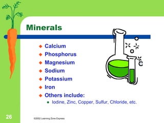 ©2002 Learning Zone Express
26
Minerals
 Calcium
 Phosphorus
 Magnesium
 Sodium
 Potassium
 Iron
 Others include:
 Iodine, Zinc, Copper, Sulfur, Chloride, etc.
 
