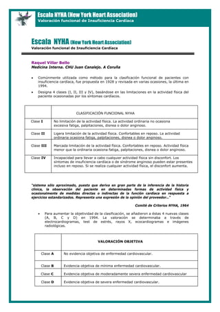 Escala NYHA (New York Heart Association)
Valoración funcional de Insuficiencia Cardíaca
Escala NYHA (New York Heart Association)
Valoración funcional de Insuficiencia Cardíaca
Raquel Villar Bello
Medicina Interna. CHU Juan Canalejo. A Coruña
• Comúnmente utilizada como método para la clasificación funcional de pacientes con
insuficiencia cardíaca, fue propuesta en 1928 y revisada en varias ocasiones, la última en
1994.
• Designa 4 clases (I, II, III y IV), basándose en las limitaciones en la actividad física del
paciente ocasionadas por los síntomas cardíacos.
“sistema sólo aproximado, puesto que deriva en gran parte de la inferencia de la historia
clínica, la observación del paciente en determinadas formas de actividad física y
ocasionalmente de medidas directas o indirectas de la función cardíaca en respuesta a
ejercicios estandarizados. Representa una expresión de la opinión del proveedor…”
Comité de Criterios NYHA, 1964
• Para aumentar la objetividad de la clasificación, se añadieron a éstas 4 nuevas clases
(A, B, C y D) en 1994. La valoración se determinaba a través de
electrocardiogramas, test de estrés, rayos X, ecocardiogramas e imágenes
radiológicas.
CLASIFICACIÓN FUNCIONAL NYHA
Clase I No limitación de la actividad física. La actividad ordinaria no ocasiona
excesiva fatiga, palpitaciones, disnea o dolor anginoso.
Clase II Ligera limitación de la actividad física. Confortables en reposo. La actividad
ordinaria ocasiona fatiga, palpitaciones, disnea o dolor anginoso.
Clase III Marcada limitación de la actividad física. Confortables en reposo. Actividad física
menor que la ordinaria ocasiona fatiga, palpitaciones, disnea o dolor anginoso.
Clase IV Incapacidad para llevar a cabo cualquier actividad física sin disconfort. Los
síntomas de insuficiencia cardíaca o de síndrome anginoso pueden estar presentes
incluso en reposo. Si se realiza cualquier actividad física, el disconfort aumenta.
VALORACIÓN OBJETIVA
Clase A No evidencia objetiva de enfermedad cardiovascular.
Clase B Evidencia objetiva de mínima enfermedad cardiovascular.
Clase C Evidencia objetiva de moderadamente severa enfermedad cardiovascular
Clase D Evidencia objetiva de severa enfermedad cardiovascular.
 