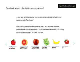 Facebook wants Like buttons everywhere!



          … but are websites doing much more than passing off all their
          customers to Facebook?



          Why should Facebook have better data on customer’s Likes,
          preferences and demographics than the website owners, including
          the ability to market to their visitors?
 