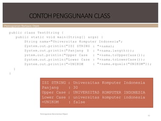 Pemrograman Berbasis Objek
CONTOHPENGGUNAAN CLASS
Pemrograman Berorientasi Object
12
public class TestString {
public static void main(String[] args) {
String nama=" Universitas Komputer Indonesia";
System.out.println("ISI STRING
System.out.println(" Panjang S
ystem.out.println("Upper Case
System.out.println("Lower Case
System.out.println("=UNIKOM
: "+nama);
: "+nama.length());
: "+nama.toUpperCase());
: "+nama.toLowerCase());
: "+nama.equals("UNIKOM"));
}
}
ISI STRING :
Panjang :
Upper Case :
Universitas
30
UNIVERSITAS
Komputer
KOMPUTER
Indonesia
INDONESIA
Lower Case :
=UNIKOM :
universitas
false
komputer indonesia
 