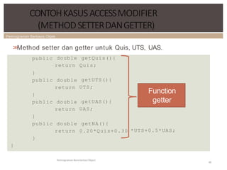 Pemrograman Berbasis Objek
>
>
Method setter dan getter untuk Quis, UTS, UAS.
CONTOHKASUSACCESSMODIFIER
(METHOD SETTERDANGETTER)
Pemrograman Berorientasi Object
48
public double
return
getQuis(){
Quis;
}
public double
return
getUTS(){
UTS;
}
public double
return
getUAS(){
UAS;
}
public double
return
getNA(){
0.20*Quis+0.30
}
}
Function
getter
*UTS+0.5*UAS;
 