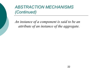 ABSTRACTION MECHANISMS
(Continued)
An instance of a component is said to be an
attribute of an instance of the aggregate.

22

 