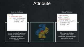 Attribute
Semua class berfungsi untuk
membuat objek,dan semua
objek mengandung
karakteristik yang disebut
aatribut
Bila instance atttribute
spesifik untuk setiap
objek,class attribute berlaku
sama untuk semua
Instance Attributes Class Attributes
 