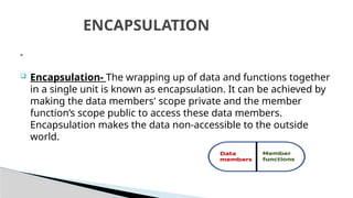  Encapsulation- The wrapping up of data and functions together
in a single unit is known as encapsulation. It can be achieved by
making the data members' scope private and the member
function’s scope public to access these data members.
Encapsulation makes the data non-accessible to the outside
world.
ENCAPSULATION
 