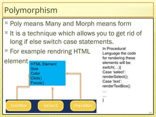 Polymorphism
 Poly means Many and Morph means form
 It is a technique which allows you to get rid of
long if else switch case statements.
 For example rendring HTML
element
28
HTML Element
Size
Color
Click()
Focus()
In Procedural
Language the code
for rendering these
elements will be:
switch(…){
Case ‘select’:
renderSelect();
Case ‘text’:
renderTextBox()
…
…
}
 