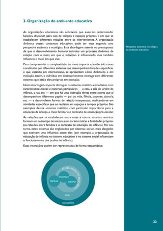 23
3. Organização do ambiente educativo
As organizações educativas são contextos que exercem determinadas
funções, dispondo para isso de tempos e espaços próprios e em que se
estabelecem diferentes relações entre os intervenientes. A organização
dinâmica destes contextos educativos pode ser vista segundo uma
perspetiva sistémica e ecológica. Esta abordagem assenta no pressuposto
de que o desenvolvimento humano constitui um processo dinâmico de
relação com o meio, em que o indivíduo é influenciado, mas também
influencia o meio em que vive.
Para compreender a complexidade do meio importa considerá-lo como
constituído por diferentes sistemas que desempenham funções específicas
e que, estando em interconexão, se apresentam como dinâmicos e em
evolução.Assim, o indivíduo em desenvolvimento interage com diferentes
sistemas que estão eles próprios em evolução.
Nesta abordagem,importa distinguir os sistemas restritos e imediatos,com
características físicas e materiais particulares — a casa, a sala de jardim de
infância, a rua, etc. — em que há uma interação direta entre atores que aí
desempenham diferentes papéis — pai ou mãe, filho/a, docente, aluno/a,
etc. — e desenvolvem formas de relação interpessoal, implicando-se em
atividades específicas que se realizam em espaços e tempos próprios. São
exemplos destes sistemas restritos, com particular importância para a
educação da criança,o meio familiar e o contexto de educação pré-escolar.
As relações que se estabelecem entre estes e outros sistemas restritos
formam um outro tipo de sistema com características e finalidades próprias
(as relações entre famílias e o contexto de educação de infância). Por seu
turno, estes sistemas são englobados por sistemas sociais mais alargados
que exercem uma influência sobre eles (por exemplo, a organização da
educação de infância no sistema educativo e no sistema social influenciam
o funcionamento dos jardins de infância).
Estas interações podem ser representadas de forma esquemática:
FAMÍLIA GRUPO
CRIANÇA
SOCIEDADE
ESTABELECIME
NTOEDUCATIVO
MEIO
Perspetiva sistémica e ecológica
do ambiente educativo
 
