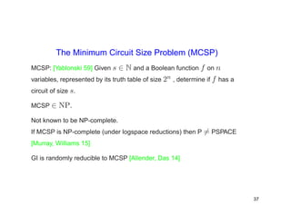 The Minimum Circuit Size Problem (MCSP)
MCSP: [Yablonski 59] Given s ∈ N and a Boolean function f on n
variables, represented by its truth table of size 2n , determine if f has a
circuit of size s.
MCSP ∈ NP.
Not known to be NP-complete.
If MCSP is NP-complete (under logspace reductions) then P = PSPACE
[Murray, Williams 15]
GI is randomly reducible to MCSP [Allender, Das 14]
37
 