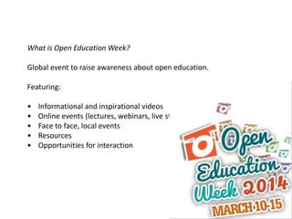 What is Open Education Week?
Global event to raise awareness about open education.
Featuring:
•
•
•
•
•

Informational and inspirational videos
Online events (lectures, webinars, live streams)
Face to face, local events
Resources
Opportunities for interaction

Scholarly Publishing &Academic Resources Coalition

www.sparc.arl.org

@SPARC_NA

 