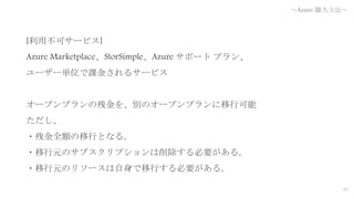 25
[利用不可サービス]
Azure Marketplace、StorSimple、Azure サポート プラン、
ユーザー単位で課金されるサービス
オープンプランの残金を、別のオープンプランに移行可能
ただし、
・残金全額の移行となる。
・移行元のサブスクリプションは削除する必要がある。
・移行元のリソースは自身で移行する必要がある。
～Azure 購入方法～
 