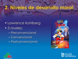 2. Niveles de desarrollo moral Lawrence Kohlberg 3 niveles: Preconvencional Convencional Postconvencional 