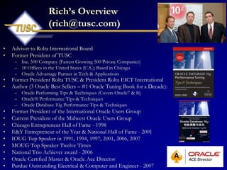 422
Rich‟s Overview
(rich@tusc.com)
• Advisor to Rolta International Board
• Former President of TUSC
– Inc. 500 Company (Fastest Growing 500 Private Companies)
– 10 Offices in the United States (U.S.); Based in Chicago
– Oracle Advantage Partner in Tech & Applications
• Former President Rolta TUSC & President Rolta EICT International
• Author (3 Oracle Best Sellers – #1 Oracle Tuning Book for a Decade):
– Oracle Performing Tips & Techniques (Covers Oracle7 & 8i)
– Oracle9i Performance Tips & Techniques
– Oracle Database 10g Performance Tips & Techniques
• Former President of the International Oracle Users Group
• Current President of the Midwest Oracle Users Group
• Chicago Entrepreneur Hall of Fame - 1998
• E&Y Entrepreneur of the Year & National Hall of Fame - 2001
• IOUG Top Speaker in 1991, 1994, 1997, 2001, 2006, 2007
• MOUG Top Speaker Twelve Times
• National Trio Achiever award - 2006
• Oracle Certified Master & Oracle Ace Director
• Purdue Outstanding Electrical & Computer and Engineer - 2007
 