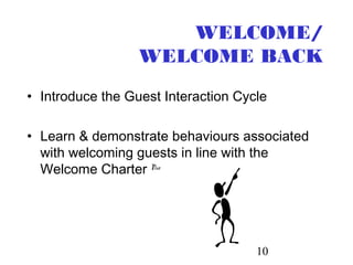 10
WELCOME/
WELCOME BACK
• Introduce the Guest Interaction Cycle
• Learn & demonstrate behaviours associated
with welcoming guests in line with the
Welcome Charter Plus
 