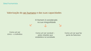 Ideal humanista
Valorização do ser humano e das suas capacidades
Como um ser
único – o indivíduo
O Homem é considerado
na sua integralidade
Como um ser sociável –
pelas relações que
estabelece na sociedade
Como um ser que faz
parte da Natureza
 