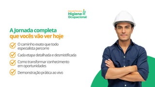 Ocaminhoexatoquetodo
especialistapercorre
Cadaetapadetalhadaedesmistificada
Comotransformarconhecimento
emoportunidades
Demonstraçãopráticaaovivo
Técnica
Imersão
Higiene
Ocupacional
AJornadacompleta
quevocêsvãoverhoje
 