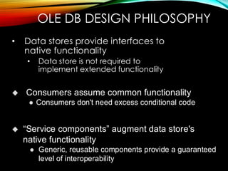 OLE DB DESIGN PHILOSOPHY
• Data stores provide interfaces to
native functionality
• Data store is not required to
implement extended functionality
◆ Consumers assume common functionality
⚫ Consumers don't need excess conditional code
◆ “Service components” augment data store's
native functionality
⚫ Generic, reusable components provide a guaranteed
level of interoperability
 