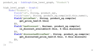 44
product_sg = SubGraph(low_level_graph, 'Product')
high_level_graph = Graph([
Node('Product', [
Field('id', String, product_sg),
Field('name', String, product_sg.compile(S.this.name)),
Field('priceText', String, product_sg.compile(
get_price_text(S.this)
)),
Field('hasDiscount', Boolean, product_sg.compile(
is_discount_available(S.this, S.this.discount)
)),
Field('discountedPriceText', String, product_sg.compile(
get_discounted_price_text(S.this, S.this.discount)
)),
]),
])
 