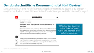 55 pa.ag@peakaceag
Der durchschnittliche Konsument nutzt fünf Devices!
Es ist unrealistisch, eine für alle Geräte angepasste Website zu bauen & zu pflegen –
eine für das iPad und verschiedene Seiten für alle Smartphone Bildschirmauflösungen!
Quellen: http://pa.ag/2ffuGNp & http://pa.ag/2fHvLhz
90 % aller User beginnen
online Tasks auf einem
Gerät und beenden diese
auf einem anderen.
 