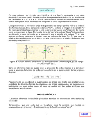 Ing. Alenis Arévalo

                                               y ( x, t ) = f ( x +vt ).


En otras palabras, en principio para identificar si una función representa a una onda
desplazándose en un medio se debe analizar la dependencia de la función en términos de
las cantidades "x – vt" o "x + vt". En el caso de ondas armónicas consideraremos otras
formas de expresar estas dependencias aunque en el fondo seguirá siendo lo mismo.

La dependencia de la función de onda de la posición y del tiempo permite "ver" a la onda en
dos formas distintas. Si se considera un tiempo "fijo" t1, se tiene la imagen de la variable "y"
del medio para todas las posiciones x, esto es como si se tuviera una "fotografía" del medio,
como se muestra en la figura 3.b. La otra forma de "ver" a la onda es "fijarse" únicamente en
un elemento o punto del medio x1, y observar lo que le sucede a la variable "y" en esta
posición conforme transcurre el tiempo, como se indica en la figura 3.c. En este caso la
máxima deformación ocurre en el tiempo t2 = x1/v, que es cuando el máximo de la onda está
pasando por la posición x1.

                      Y                               Y                          Y
                           y = f(x)                               y = f(x-vt1)                  y = f(x1-vt)




                  Origen      x1                  Origen        vt1 x1               t1                         t
                                      X                                  X
                                                                                          t2=x1/v


                    (a)                             (b)                                   (c)


 Figura 3. Función de onda en términos (b) de la posición en un tiempo fijo t1, (c) del tiempo
                                  en una posición fija x1.

Como en el mismo medio se puede tener la presencia de ondas viajando a la derecha y
hacia la izquierda, la función de onda correspondiente es la superposición de las funciones
de onda:

                                      y ( x, t ) =f1 ( x −vt ) +f 2 ( x +vt ).


Posteriormente se considerará la superposición de ondas con detalle para analizar ondas
periódicas de diferentes formas, las situaciones de ondas estacionarias, las pulsaciones o
batimientos; en todos estos casos, el punto de partida son las ondas armónicas que
presentamos a continuación.


                                           ONDAS ARMÓNICAS

 Las ondas armónicas son aquellas que quedan definidas por funciones de forma senoidal y
cosenoidal

Consideremos que una onda que se "desplaza" hacia la derecha, con rapidez de
propagación v, en el tiempo t = 0, está descrita por la función armónica "seno",


                                                           13                                                                INDICE
 