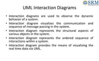 UML Interaction Diagrams
• Interaction diagrams are used to observe the dynamic
behavior of a system.
• Interaction diagram visualizes the communication and
sequence of message passing in the system.
• Interaction diagram represents the structural aspects of
various objects in the system.
• Interaction diagram represents the ordered sequence of
interactions within a system.
• Interaction diagram provides the means of visualizing the
real time data via UML.
 