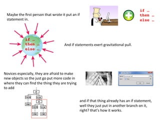 if … !
then … !
else …!
if … !
then … !
else …!
Maybe	
  the	
  ﬁrst	
  person	
  that	
  wrote	
  it	
  put	
  an	
  if	
  
statement	
  in.	
  	
  
And	
  if	
  statements	
  exert	
  gravita3onal	
  pull.	
  
	
  
and	
  if	
  that	
  thing	
  already	
  has	
  an	
  if	
  statement,	
  
well	
  they	
  just	
  put	
  in	
  another	
  branch	
  on	
  it,	
  
right?	
  that’s	
  how	
  it	
  works.	
  
Novices	
  especially,	
  they	
  are	
  afraid	
  to	
  make	
  
new	
  objects	
  so	
  the	
  just	
  go	
  put	
  more	
  code	
  in	
  	
  
where	
  they	
  can	
  ﬁnd	
  the	
  thing	
  they	
  are	
  trying	
  
to	
  add	
  	
  
 