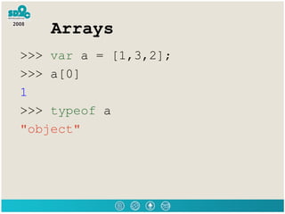 Arrays >>>  var  a = [1,3,2]; >>> a[0] 1 >>>  typeof  a &quot;object&quot; 