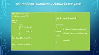 SOLUTION FOR AMBIGUITY – VIRTUAL BASE CLASSES
##include <iostream>
using namespace std;
class A {
public:
int a;
A() // constructor
{
a = 10;
}
};
class B : public virtual A {
};
class C : public virtual A {
};
class D : public B, public C {
};
int main()
{
D object; // object creation of
class d
cout << "a = " << object.a <<
endl;
return 0;
}
72
 