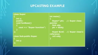 UPCASTING EXAMPLE
class Super
{
int x;
public:
void funBase()
{
cout << "Super function";
}
};
class Sub:public Super
{
int y;
};
int main()
{
Super* ptr; // Super class
pointer
Sub obj;
ptr = &obj;
Super &ref; // Super class's
reference
ref=obj;
}
78
 