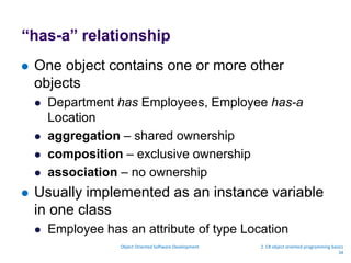 “has-a” relationship
 One object contains one or more other
objects
 Department has Employees, Employee has-a
Location
 aggregation – shared ownership
 composition – exclusive ownership
 association – no ownership
 Usually implemented as an instance variable
in one class
 Employee has an attribute of type Location
Object Oriented Software Development 2. C# object oriented programming basics
34
 