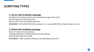 10
SCRIPTINGTYPES
1. Server-side Scripting Language
Complete all processing in the server and send plain pages to the client
Can use huge resources of the server
Reduces client-side computation overhead
Examples: PHP, ASP.NET (C# OR Visual Basic), C++, Java and JSP, Python, Ruby on Rails and so on.
2. Client-side Scripting Language
Does not involve server processing
Complete application is downloaded to the client browser
Client browser executes it locally
Examples: HTML, JavaScript, VBScript, CSS, AJAX, jQuery and so on.
 