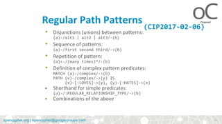 opencypher.orgopencypher.org | opencypher@googlegroups.com
Regular Path Patterns
• Disjunctions (unions) between patterns:
(a)-/alt1 | alt2 | alt3/-(b)
• Sequence of patterns:
(a)-/first second third/->(b)
• Repetition of pattern:
(a)<-/(many times)*/-(b)
• Definition of complex pattern predicates:
MATCH (a)-/complex/->(b)
PATH (x)-/complex/->(y) IS
(x)-[:LOVES]->(y), (y)-[:HATES]->(x)
• Shorthand for simple predicates:
(a)-/:REGULAR_RELATIONSHIP_TYPE/->(b)
• Combinations of the above
23
(CIP2017-02-06)
 