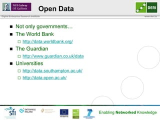 Open Data
Digital Enterprise Research Institute                                      www.deri.ie




            Not only governments…
            The World Bank
                   http://data.worldbank.org/
            The Guardian
                   http://www.guardian.co.uk/data
            Universities
                   http://data.southampton.ac.uk/
                   http://data.open.ac.uk/




                                                     Enabling Networked Knowledge
 
