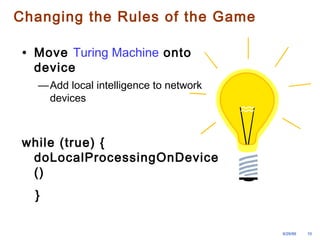 9/29/99 10 
Changing the Rules of the Game 
• Move Turing Machine onto 
device 
—Add local intelligence to network 
devices 
while (true) { 
doLocalProcessingOnDevice 
() 
} 
 