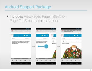 Android Support Package

• Includes ViewPager, PagerTitleStrip,
  PagerTabStrip implementations




                                         26
 