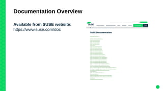Documentation Overview
Available from SUSE website:
https://www.suse.com/doc
 