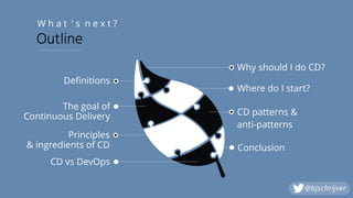 Principles
& ingredients of CD
CD vs DevOps
The goal of  
Continuous Delivery
Definitions
Where do I start?
CD patterns &
anti-patterns
Conclusion
Outline
W h a t ‘ s n e x t ?
Why should I do CD?
@bjschrijver
 