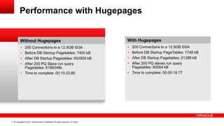 Performance with Hugepages


         Without Hugepages                                                           With Hugepages
          • 200 Connections to a 12.9GB SGA                                          • 200 Connections to a 12.9GB SGA
          • Before DB Startup Pagetables: 7400 kB                                    • Before DB Startup PageTables: 7748 kB
          • After DB Startup Pagetables: 652900 kB                                   • After DB Startup Pagetables: 21288 kB
          • After 200 PQ Slave run query                                             • After 200 PQ slaves run query
            Pagetables: 6189248k                                                       Pagetables: 80564 kB
          • Time to complete: 00:10:23.60                                            • Time to complete: 00:00:18.77




11   Copyright © 2012, Oracle and/or its affiliates. All rights reserved.   Oracle
 