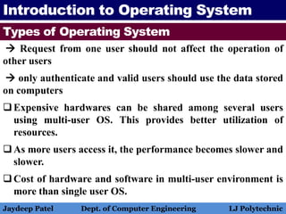 Introduction to Operating System
Types of Operating System
 Request from one user should not affect the operation of
other users
 only authenticate and valid users should use the data stored
on computers
Expensive hardwares can be shared among several users
using multi-user OS. This provides better utilization of
resources.
As more users access it, the performance becomes slower and
slower.
Cost of hardware and software in multi-user environment is
more than single user OS.
Jaydeep Patel Dept. of Computer Engineering LJ Polytechnic
 