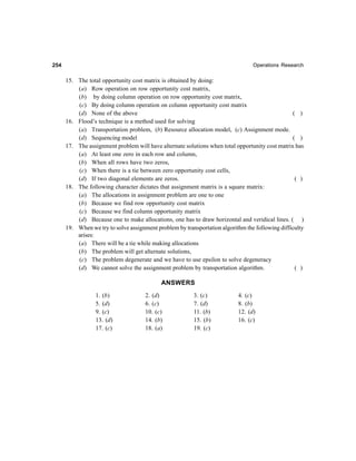 254254254254254 Operations Research
15. The total opportunity cost matrix is obtained by doing:
(a) Row operation on row opportunity cost matrix,
(b) by doing column operation on row opportunity cost matrix,
(c) By doing column operation on column opportunity cost matrix
(d) None of the above ( )
16. Flood’s technique is a method used for solving
(a) Transportation problem, (b) Resource allocation model, (c) Assignment mode.
(d) Sequencing model ( )
17. The assignment problem will have alternate solutions when total opportunity cost matrix has
(a) At least one zero in each row and column,
(b) When all rows have two zeros,
(c) When there is a tie between zero opportunity cost cells,
(d) If two diagonal elements are zeros. ( )
18. The following character dictates that assignment matrix is a square matrix:
(a) The allocations in assignment problem are one to one
(b) Because we find row opportunity cost matrix
(c) Because we find column opportunity matrix
(d) Because one to make allocations, one has to draw horizontal and veridical lines. ( )
19. When we try to solve assignment problem by transportation algorithm the following difficulty
arises:
(a) There will be a tie while making allocations
(b) The problem will get alternate solutions,
(c) The problem degenerate and we have to use epsilon to solve degeneracy
(d) We cannot solve the assignment problem by transportation algorithm. ( )
ANSWERS
1. (b) 2. (d) 3. (c) 4. (c)
5. (d) 6. (c) 7. (d) 8. (b)
9. (c) 10. (c) 11. (b) 12. (d)
13. (d) 14. (b) 15. (b) 16. (c)
17. (c) 18. (a) 19. (c)
 