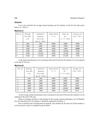 310310310310310 Operations Research
Solution
Let us now calculate the average annual running cost for machine A and B in the tales given
below: (S = Rs.0/-)
Machine A
Year (y) Running Cumulative Depreciation Total cost Average cost
Cost (Rs) Running C – S TC = F (y) = TC/ y
u (t) Cost in Rs, C – S + M (y)
Σ u (t) = M (y)
1 1000 1000 45000 46000 46000
2 11000 12000 45000 57000 28500
3 21000 33000 45000 78000 26000
4 31000 64000 45000 1,09,000 27200
5 41000 1,05,000 45000 1,50.000 30000
6 51,000 1,56,000 45000 2.01,000 33500
As the annual maintenance cost is minimum at the end of 3rd year, the machine A is to be replaced
at the end of 3rd year.
Machine B
Year (y) Running Cumulative Depreciation Total cost Average cost
Cost (Rs) Running C – S TC = F (y) = TC/ y
u (t) Cost in Rs, C – S + M (y)
Σ u (t) = M (y)
1 2000 2000 50000 52000 52000
2 6000 8000 50000 58000 29000
3 10000 18000 50000 68000 22667
4 14000 32000 50000 82000 20500
5 18000 50000 50000 1,00,000 20000
6 22000 72000 50000 1,22,000 20333
As the average annual maintenance cost is minimum at the end of 5th year, the machine is to be
replaced at the end of 5th year.
When we compare machine A and machine B, the average annual maintenance cost of Machine
B is less than that of B, the machine A should be replaced by machine A.
Now to find the time of replacement of machine A by machine B, the total cost of the machine A
in the successive years is computed as given below:
 