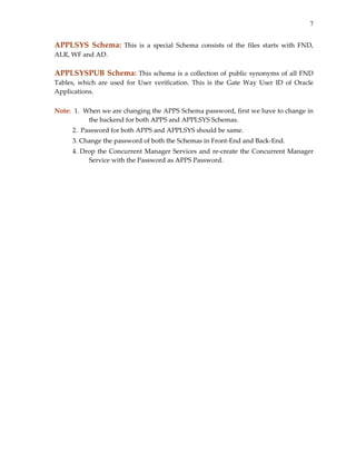 7

APPLSYS  Schema:  This  is  a  special  Schema  consists  of  the  files  starts  with  FND, 
ALR, WF and AD. 
 

APPLSYSPUB Schema:  This  schema  is  a  collection  of  public  synonyms  of  all  FND 
Tables,  which  are  used  for  User  verification.  This  is  the  Gate  Way  User  ID  of  Oracle 
Applications. 
 
Note:  1.  When we are changing the APPS Schema password, first we have to change in 
the backend for both APPS and APPLSYS Schemas. 
           2.  Password for both APPS and APPLSYS should be same. 
           3. Change the password of both the Schemas in Front‐End and Back‐End. 
           4.  Drop  the  Concurrent  Manager  Services  and  re‐create  the  Concurrent  Manager 
Service with the Password as APPS Password. 

 

 